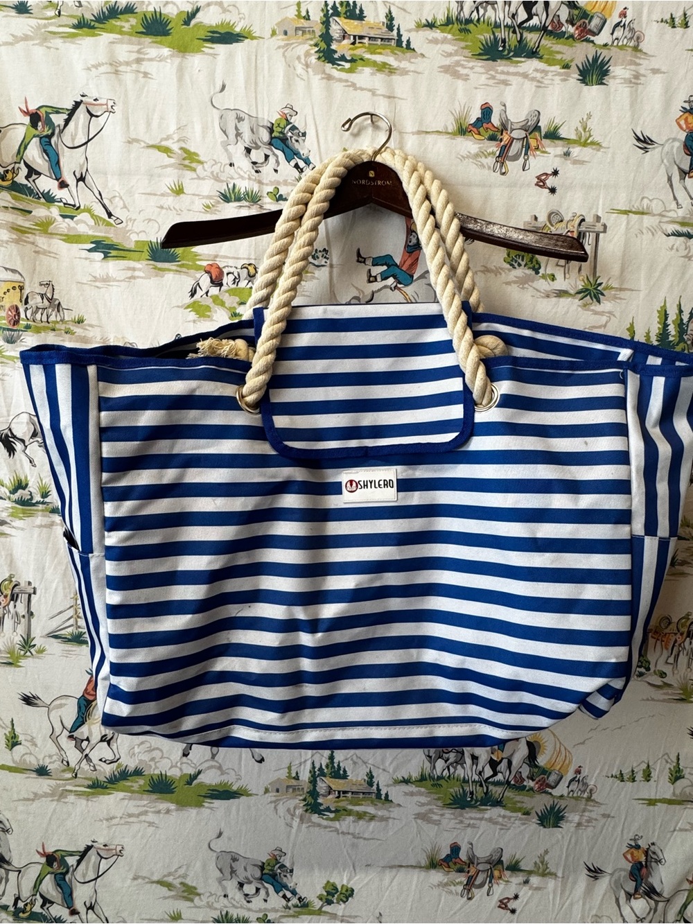 Shylero Navy and White Striped Rope-Handle Tote Bag- large bag!